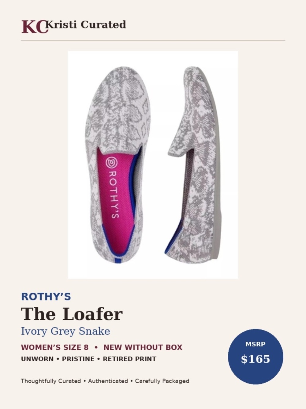 Rothy’s The Loafer Ivory Grey Snake Flats Size 8 NWOB